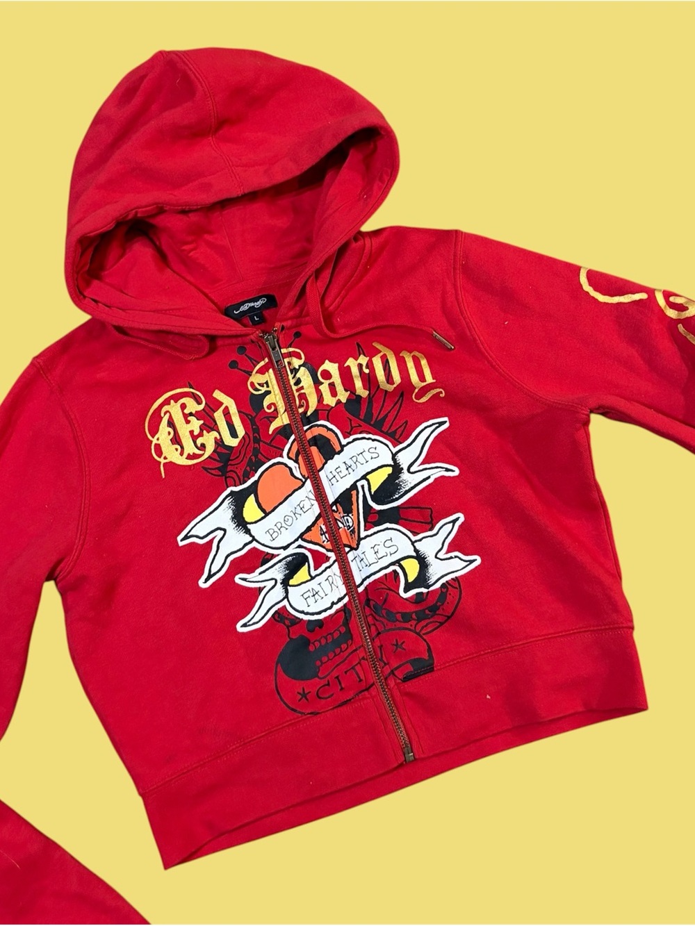 Ed Hardy Red Kids Zip-Up Hoodie with Graphic Skull and Banner